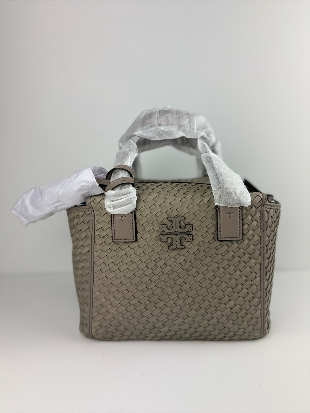 Tory Burch Thea Woven Mini Slouchy Satchel French Gray Leather Handbag $595 - Picture 3 of 14